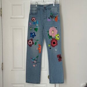 Misslook Floral Painted Distressed Mom Jeans High Rise Art To Wear Medium 8-10